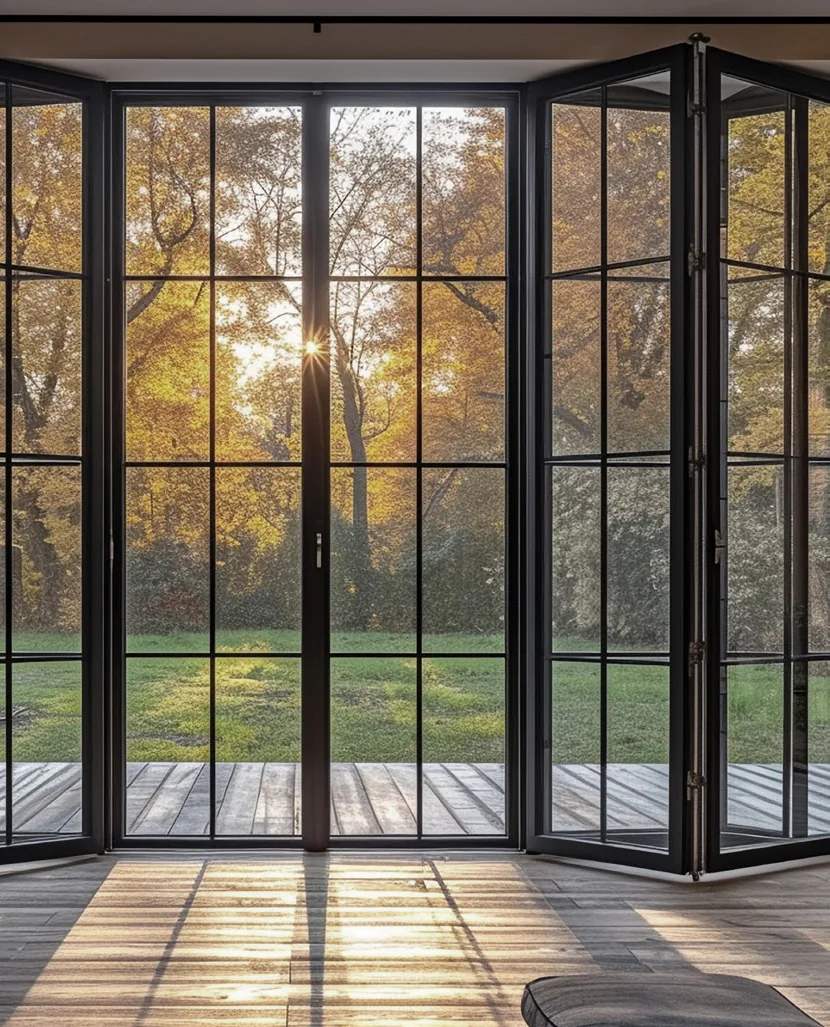 Porte pliante en acier noir à petits carreaux ouverte sur un jardin
