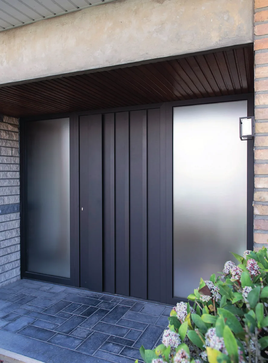 Porte d'entrée anthracite panneau Frager Bauhaus BH092 Kandinski avec partie latérale vitrée