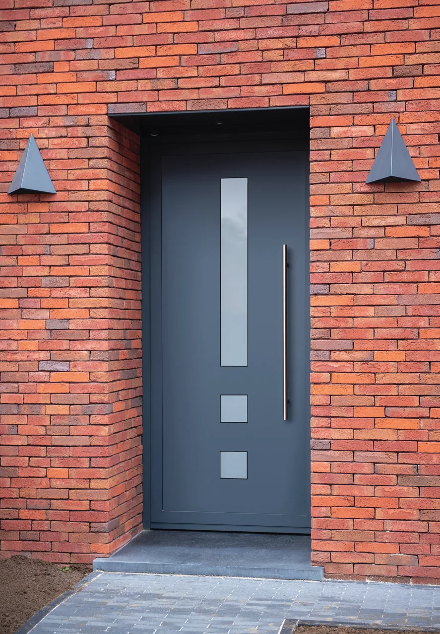 Porte d'entrée anthracite panneau Frager Solo SO221 Trias à trois vitrages carrés