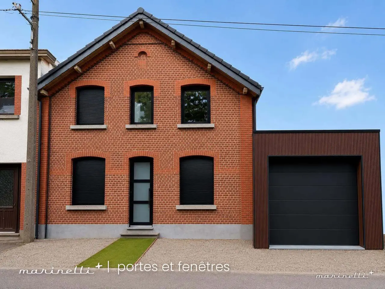 Maison en brique rouge — Châssis noirs et porte de garage sectionnelle